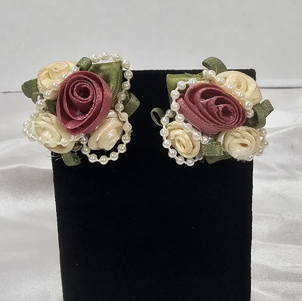 Elegant Handmade Ribbon Rose & Faux Pearl Stud Earrings